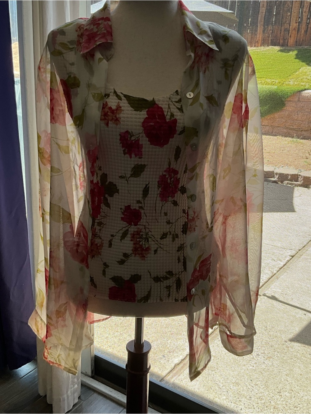 Impressions Pink Floral Sheer Button-Up with Green Leaf Print